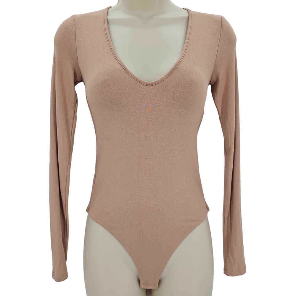 Naked Wardrobe Womans size XS NW Sculpt Deep V-Neck Long Sleeve Bodysuit Tan NEW